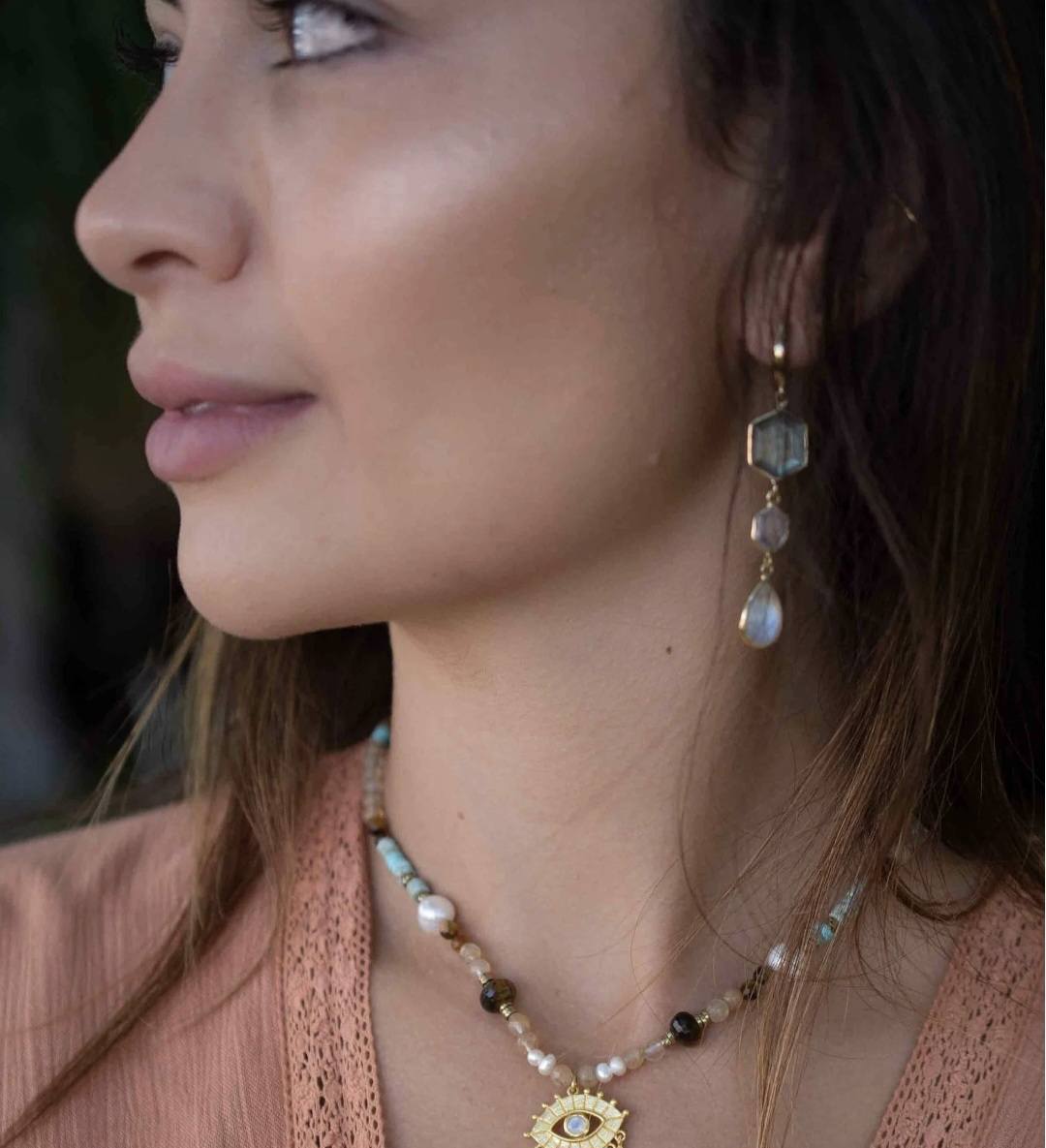 CILA " Glaucia " Long Design Rose Quartz, Labradorite, Moonstone Stud Earrings , 18K Goldplated