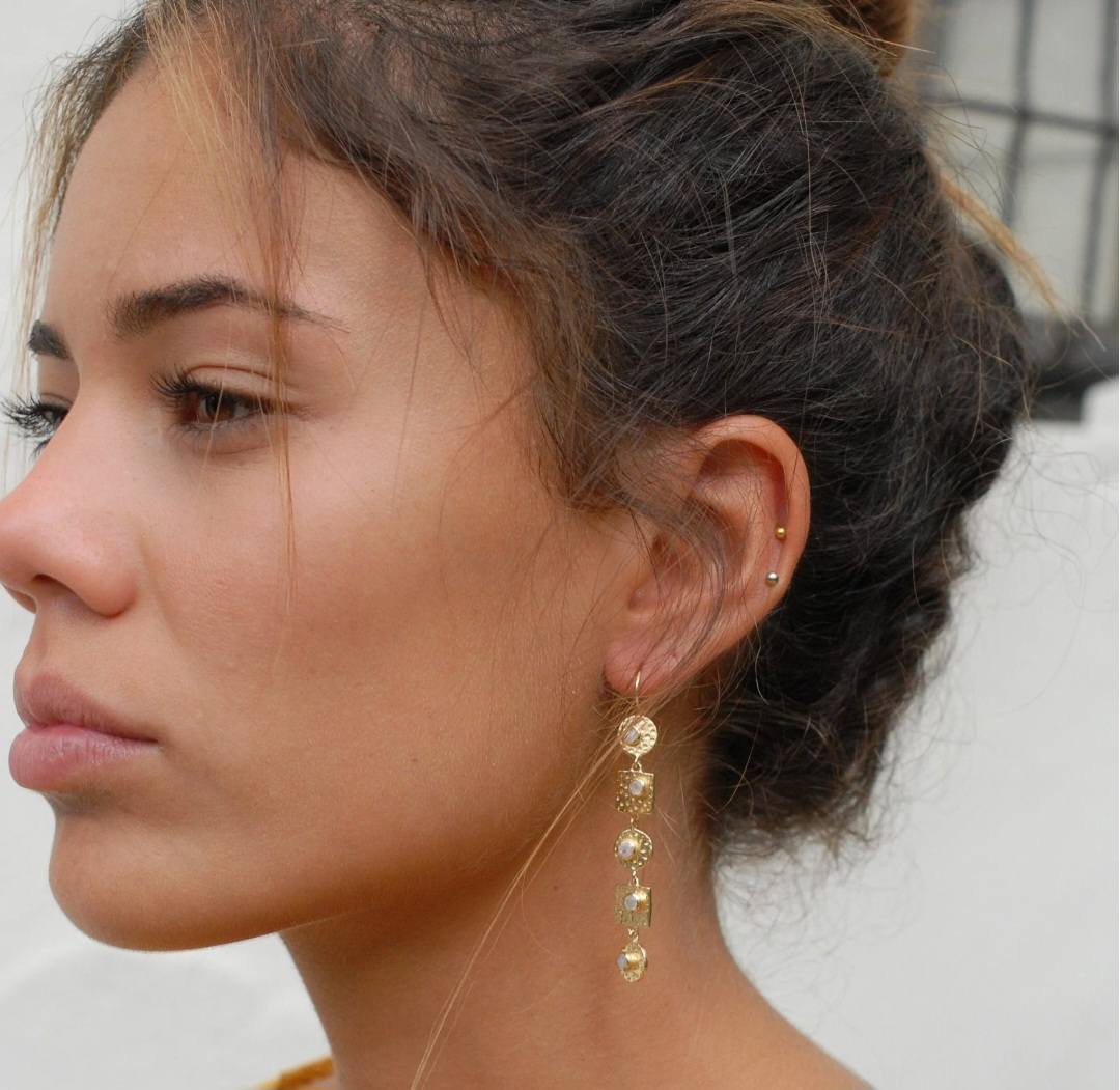 CILA " Sonia " Long Design Moonstone Stud Earrings , 18K Goldplated
