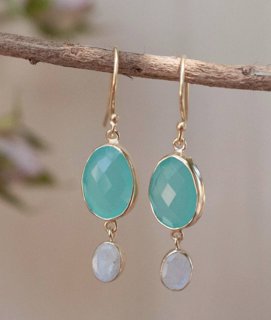 CILA " KARINE " Earrings w/ Aqua Chalcedony & Moonstone , 18K Goldplated