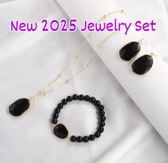 Nye 2025 Design Smykkesett ( Kjede, armbÅnd, øredobber ), Sort Agat