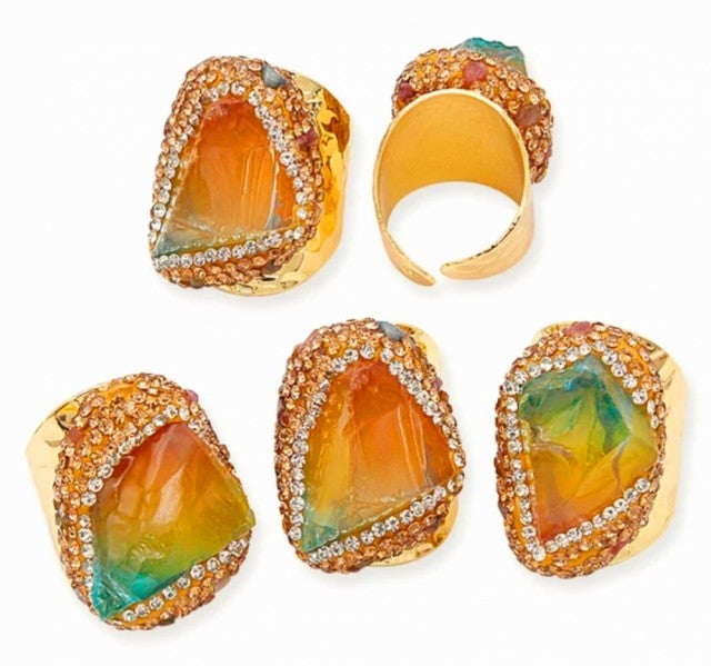Superfancy Raw Colorful Quartz & Rhinestone Ring, Gold Electroplated