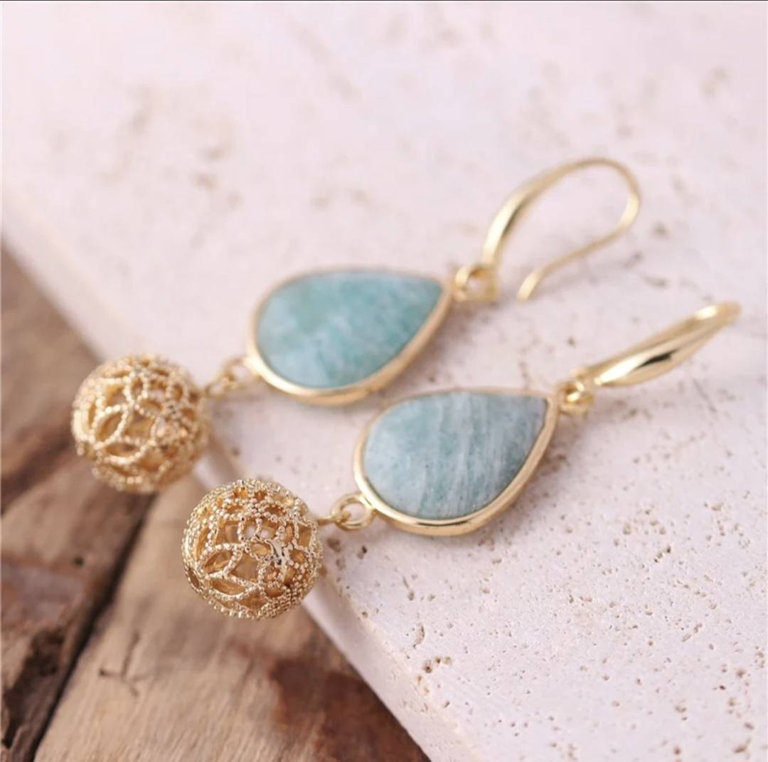 Elegante BOHEMIAN øredobber i Tear Drop Design m/krok, Goldplated - Amazonite