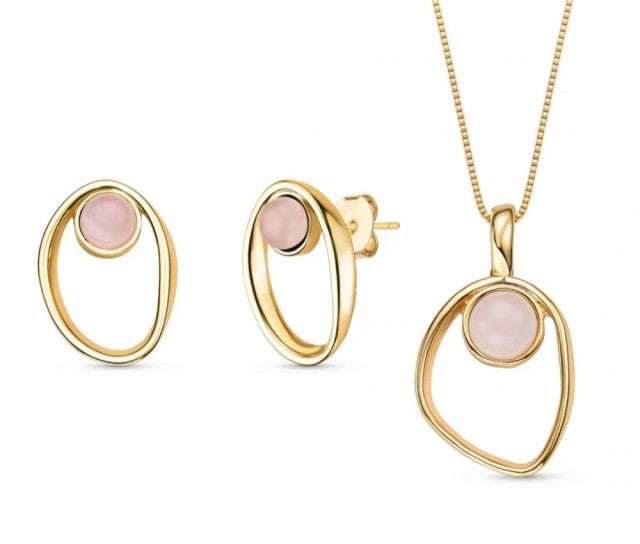 2025 Brazil Gem Elliptical 18K Gold Plated Necklace & Earring Set w/ Round Natural Rose Quartz Gemstones