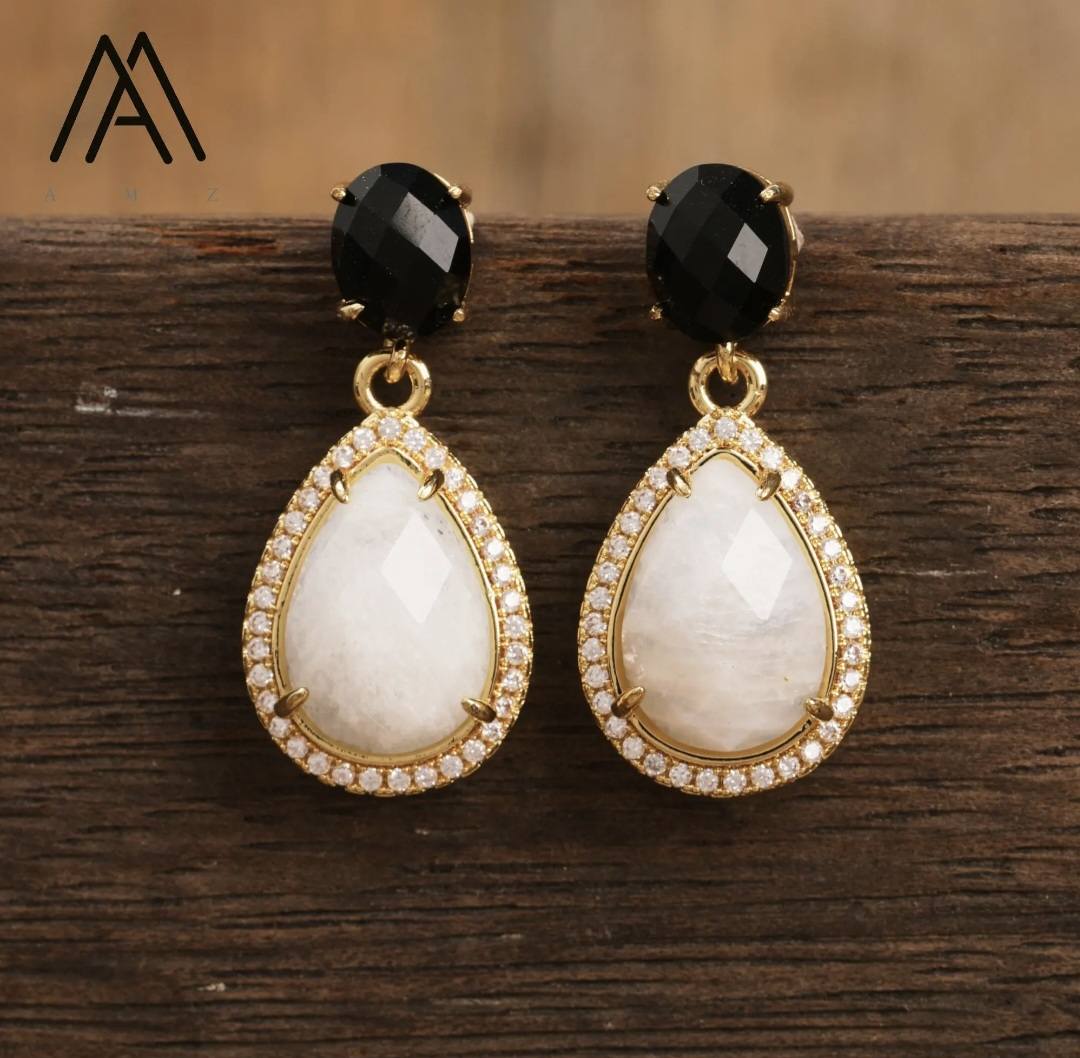 Nye Classic Drop Earring Design, Gold Electroplated, Black Moonstone