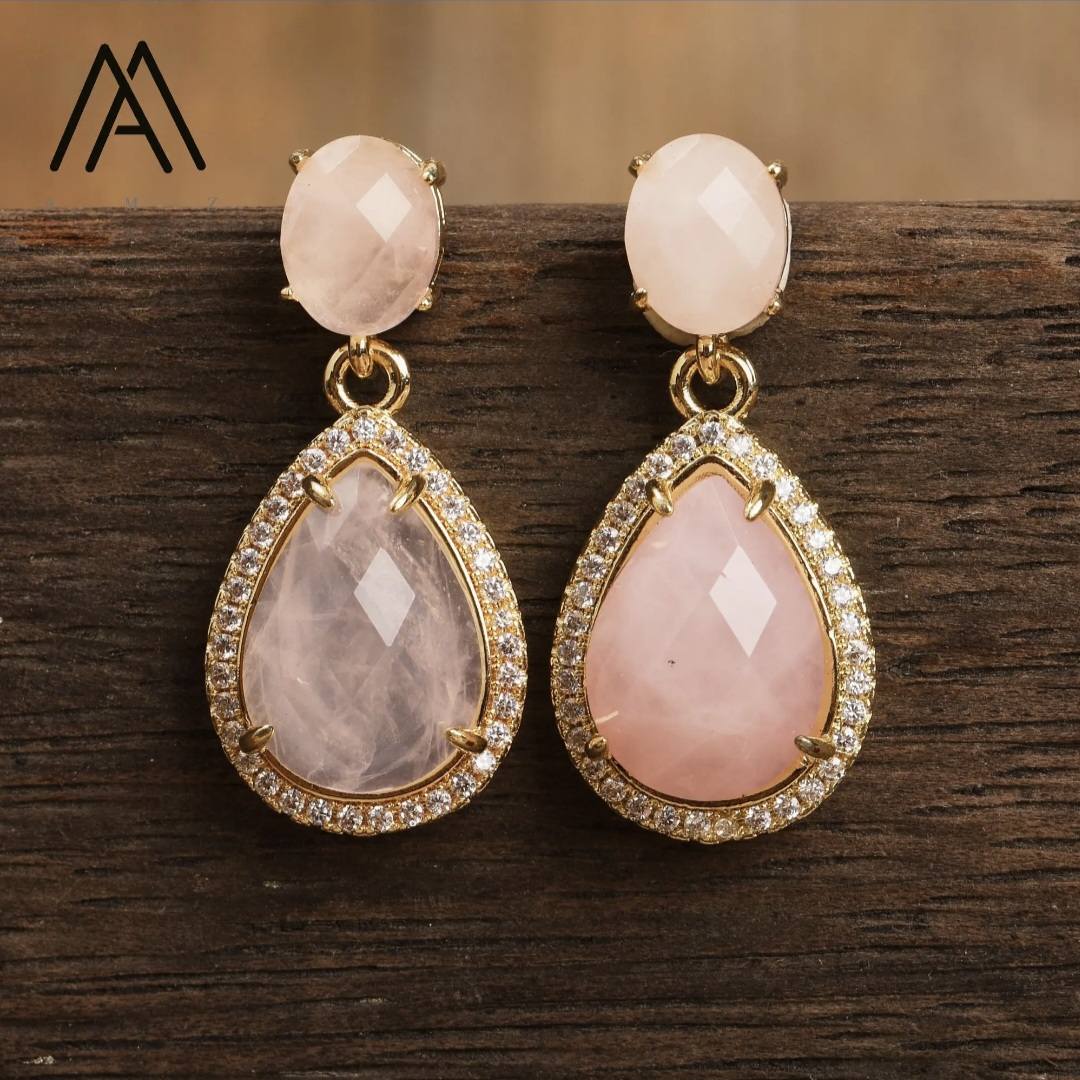 Nye Classic Drop Earring Design, Gold Electroplated, Rose Quartz