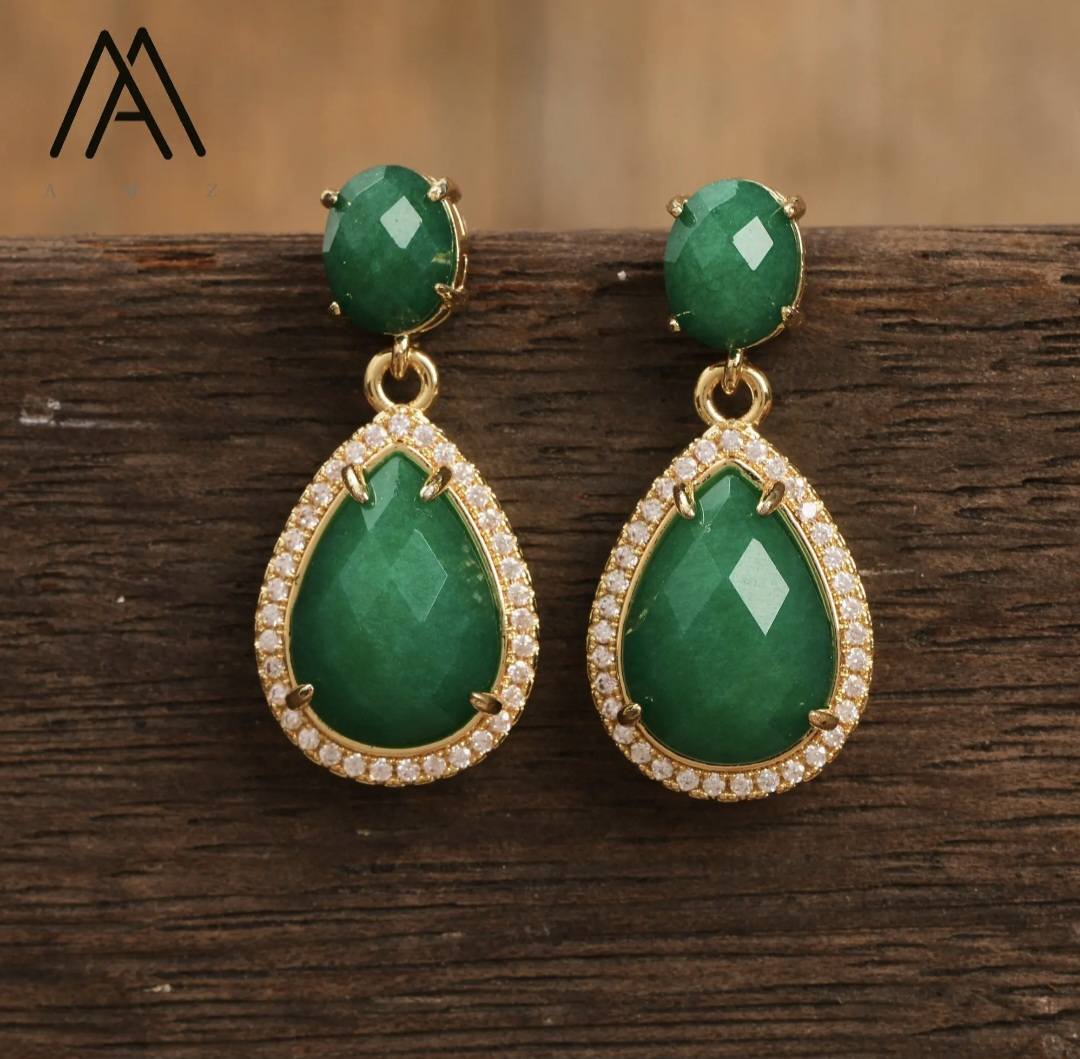 Nye Classic Drop Earring Design, Gold Electroplated, Green JADE
