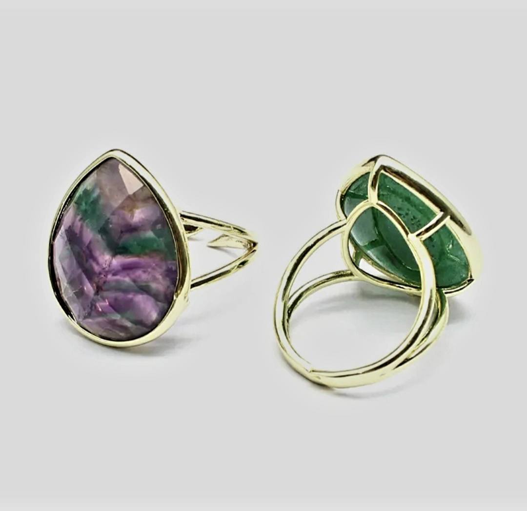 Nye MICCI Design Natural Oval Grønn Strawberry Quartz Stone Ring, 18K Goldplated, one size - justerbar