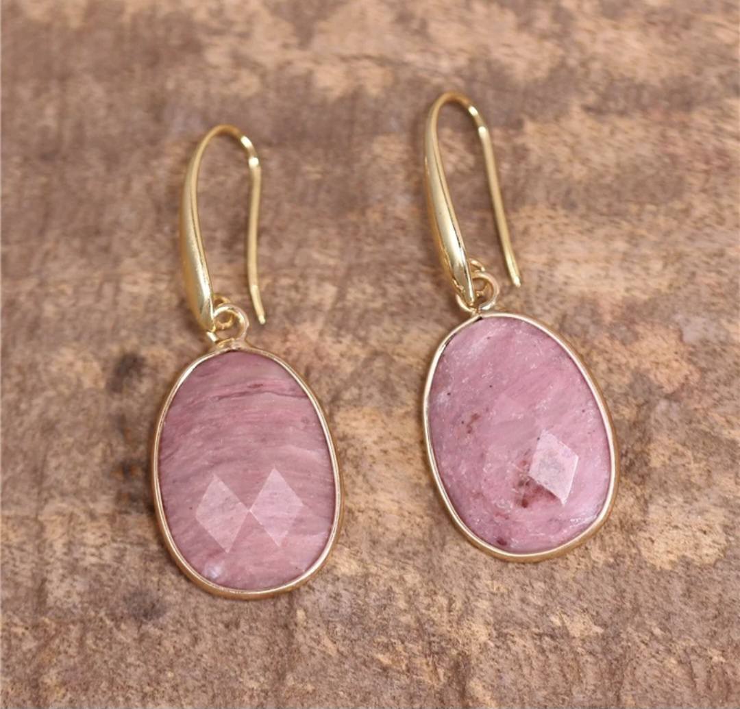 New ClassicOval Drop Earrings, Gold Electroplated - Rhodonite