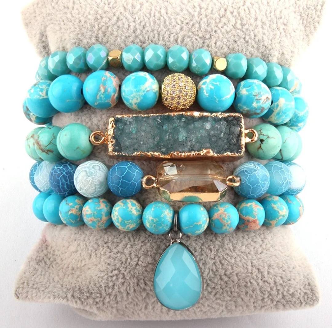 Nye, BoHo Mediterraen 5 rader, fleksible armbånd med druzy Agat sten og decor