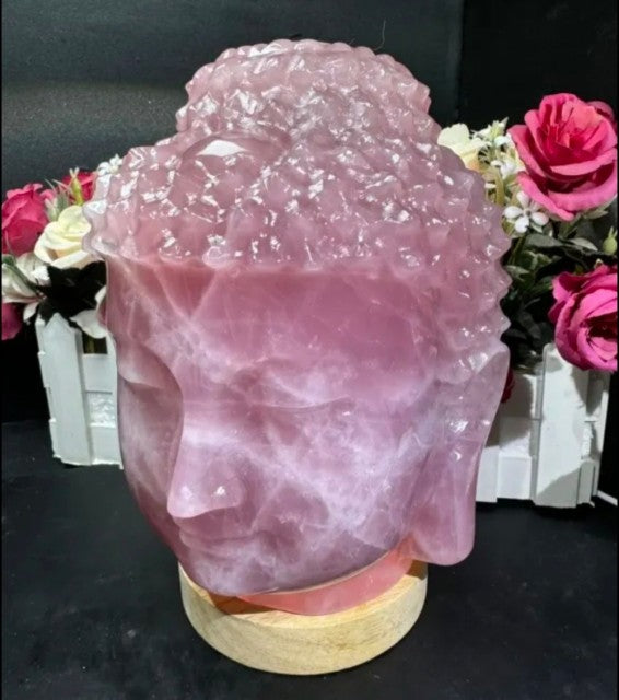 LARGE XXL BUDDHA ROSE QUARTZ HEAD, ca. 20x14x14cm - 4.8kg handcarved