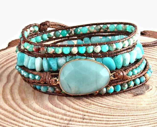 NYHET 2025 ! BOHO WRAP BRACELET 5 rader armbÅnd med Amazonitt