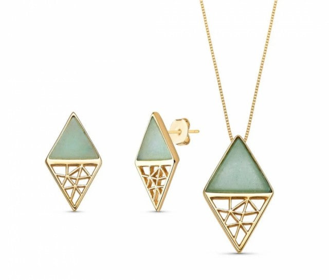 2025 Brazil Gem Double Triangles 18K Gold Plated Necklace & Earring Set w/ Natural Green Quartz Gemstones