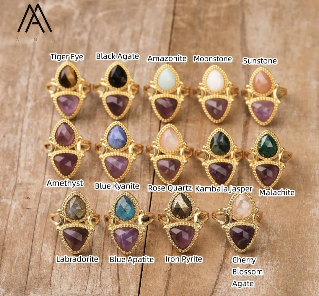 Nye MICCI Design Natural Two Stone Rings, 18K Goldplated, one size - justerbar, Ametyst og Sun Stone