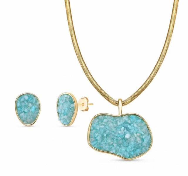 New 2025 Brazil Gem Amazonite Freeform Necklace & Earring Set 18K Gold Plated