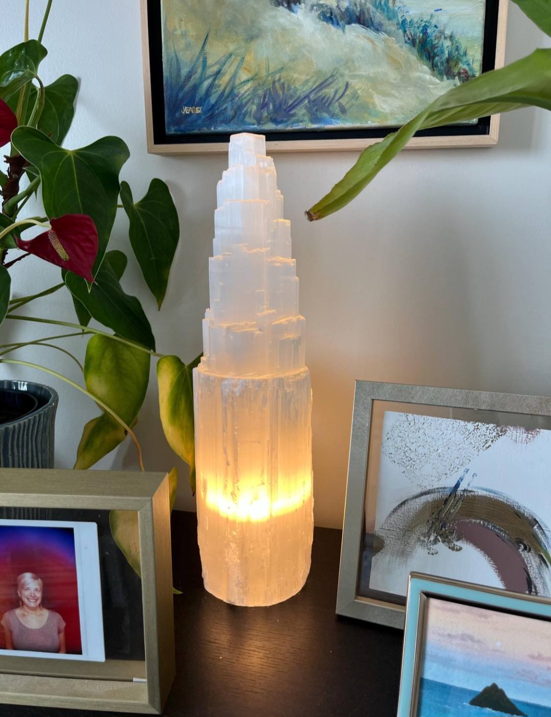 Selenite Iceberg Tower Crystal Lamp with LED Wooden Base, ca. 35 - 40cm, XXLarge