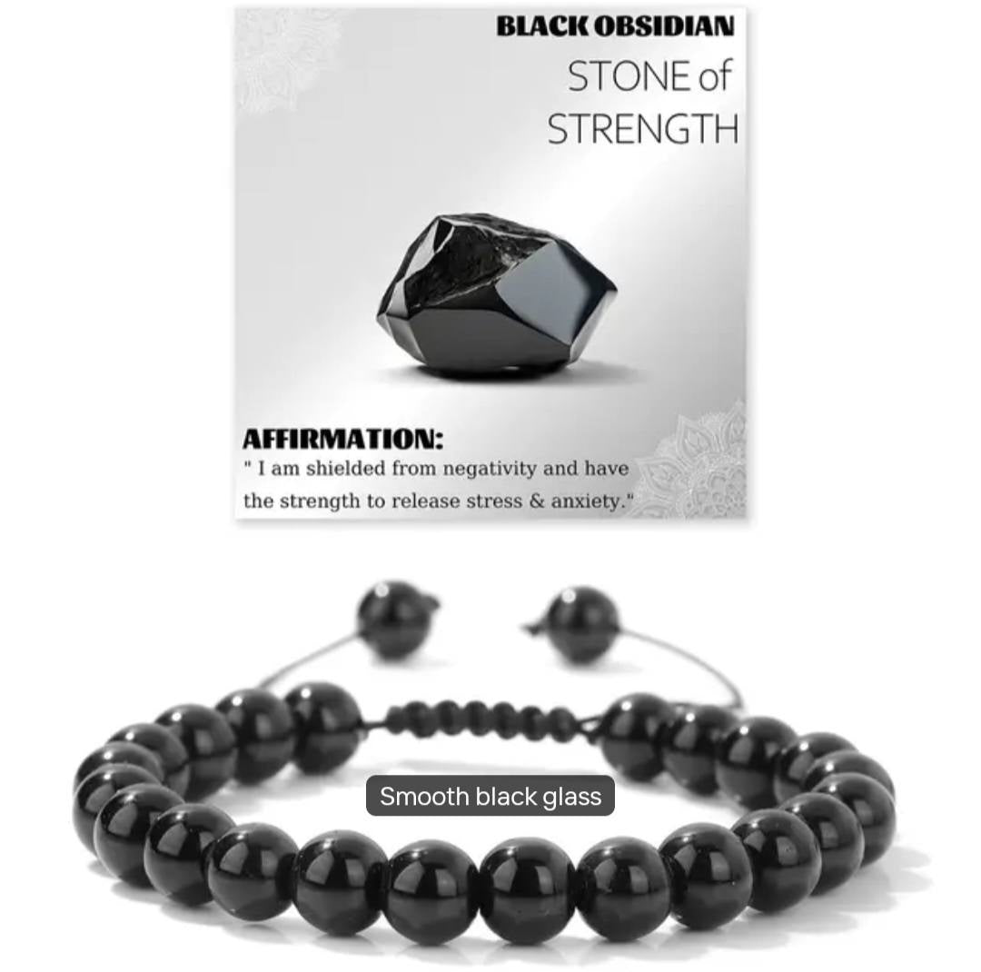 Nye Chambhala 8mm Black Obsidian stone armbånd, justerbare