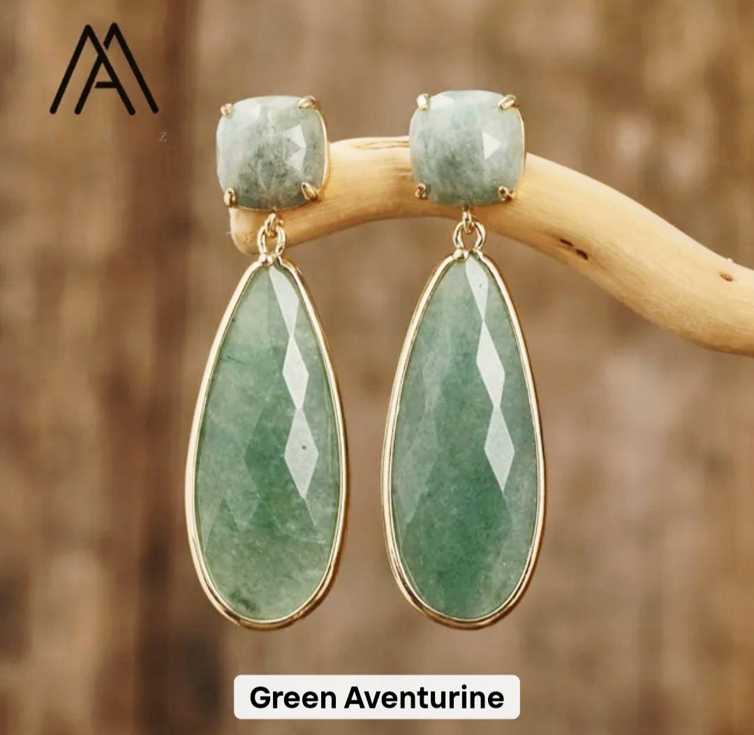 Nye MICCI DESIGN natural Green Aventurine Øredobber, 50x17mm Gold Electroplated