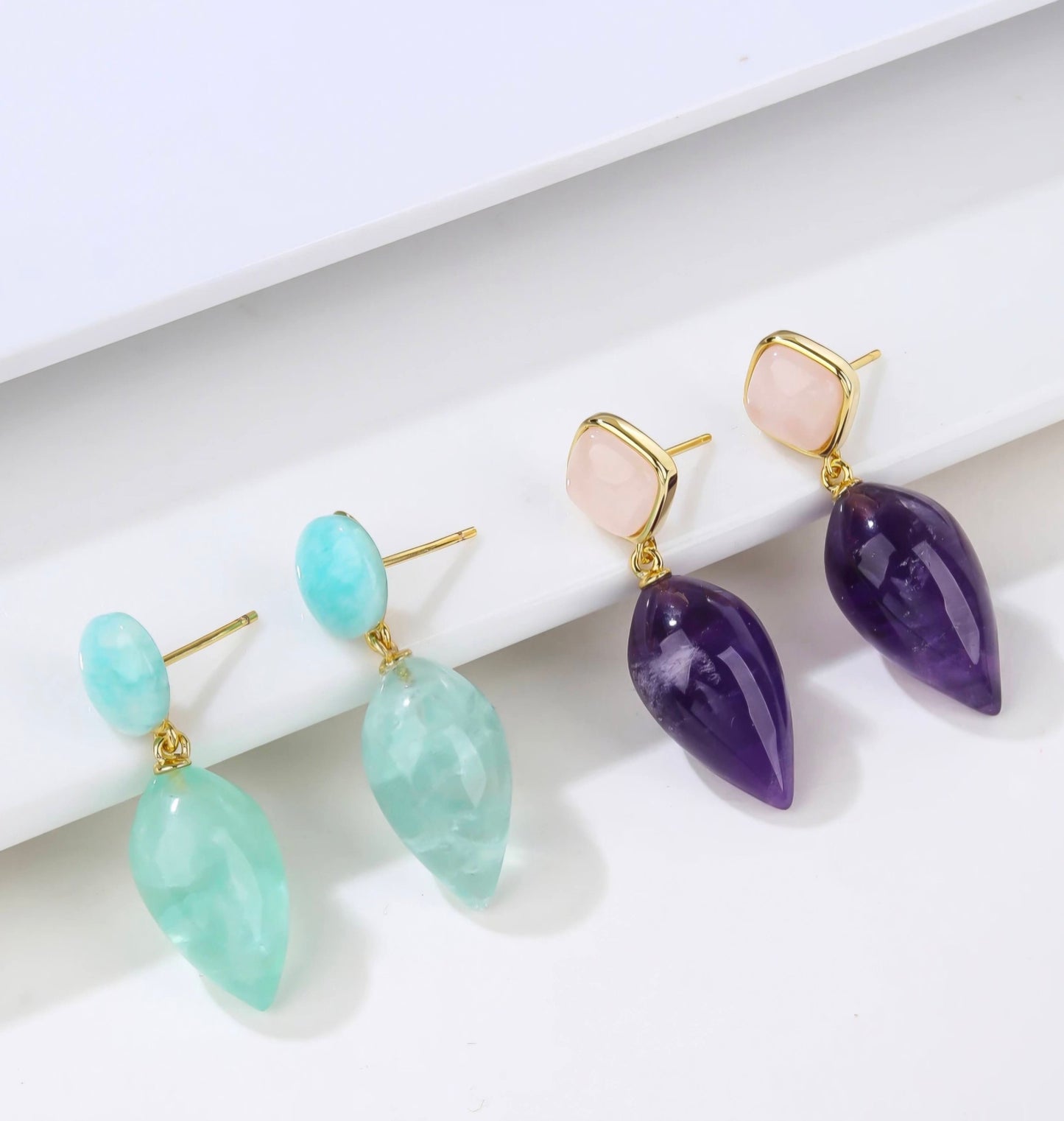 Nye MICCI DESIGN natural Green Fluorite Drop Øredobber, 30x11mm 24KGold Electroplated