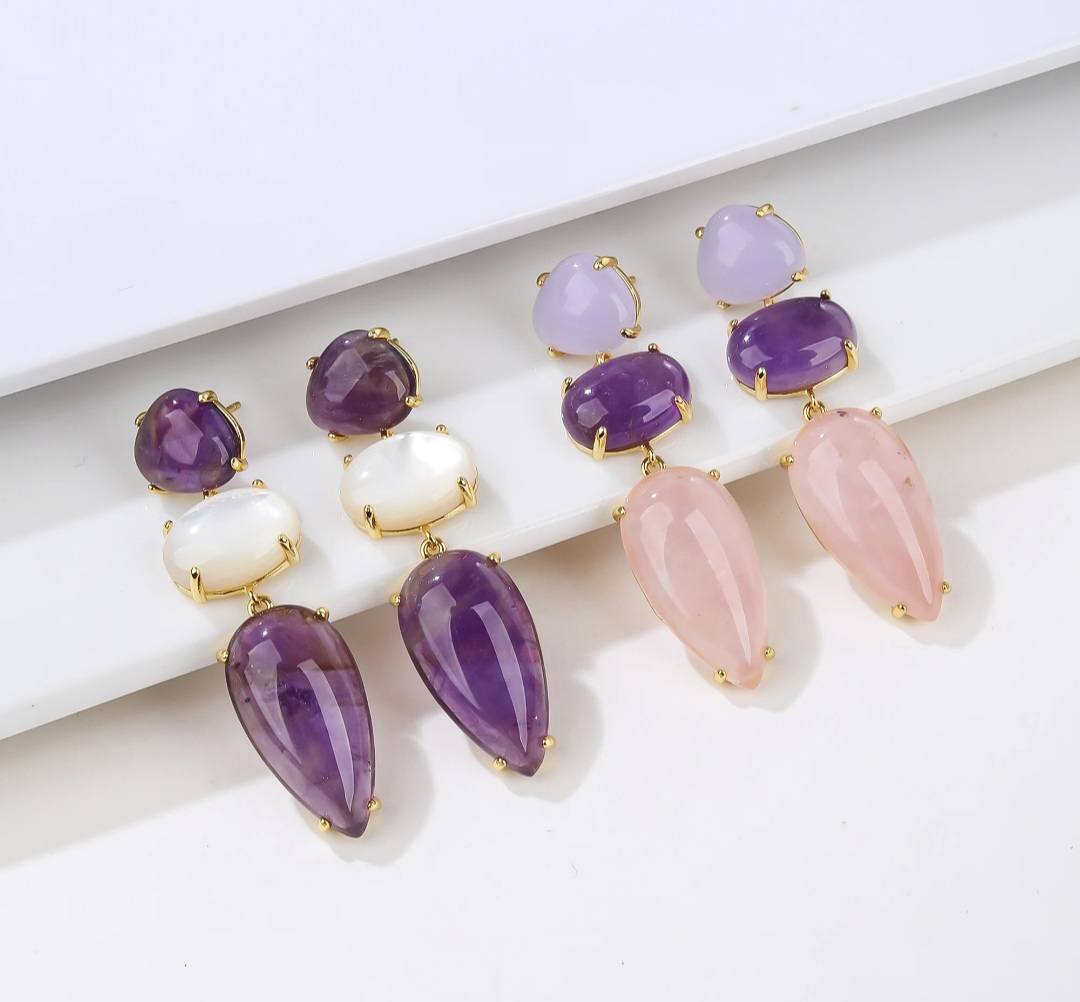 Nye MICCI DESIGN natural Long Drop Ametyst, Rose Quartz, Purple Jade Øredobber, 45x13mm 24KGold Electroplated