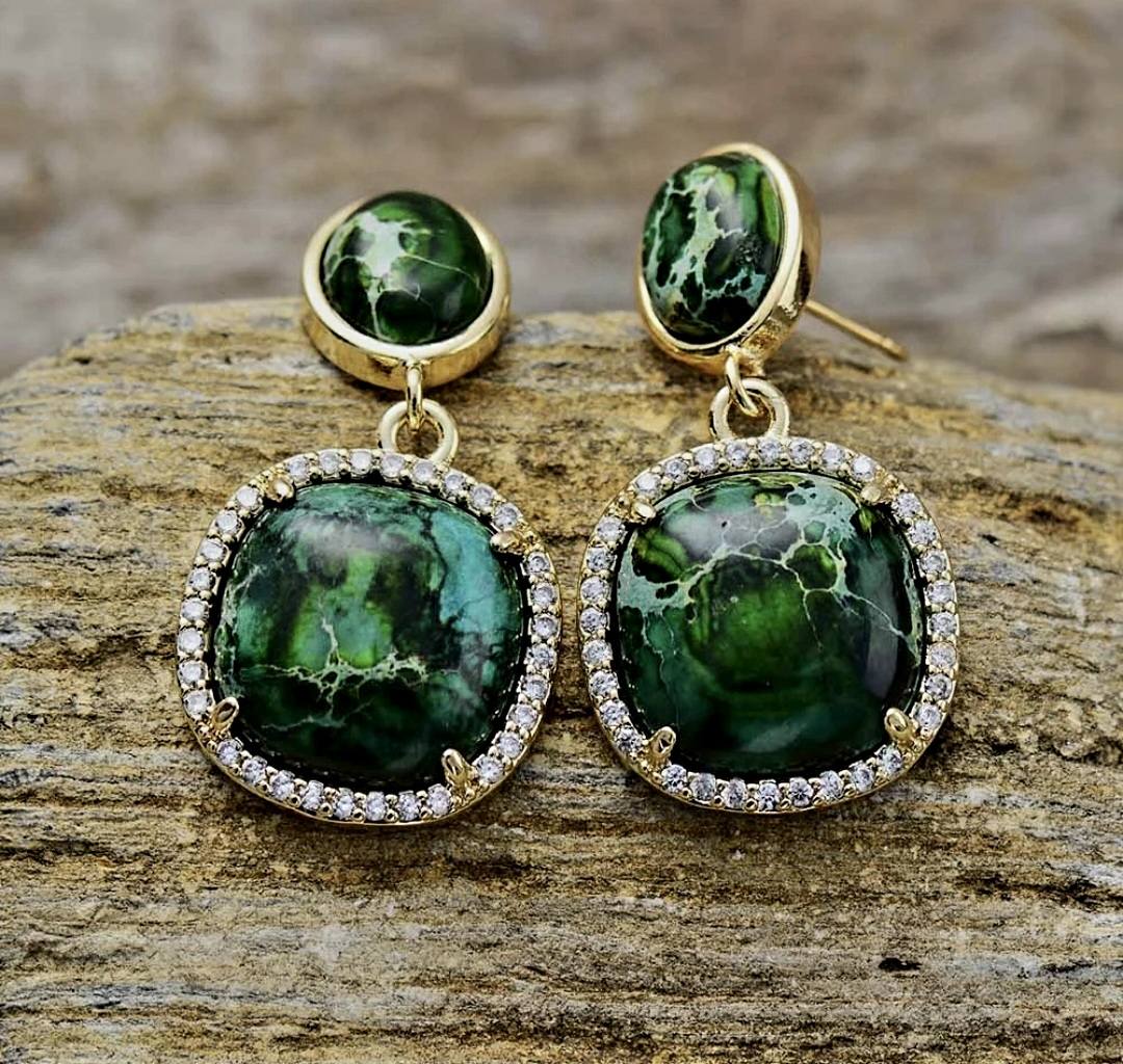 Nye MICCI Classic DESIGN Green JASPER Øredobber, 30x20mm 24KGold Electroplated