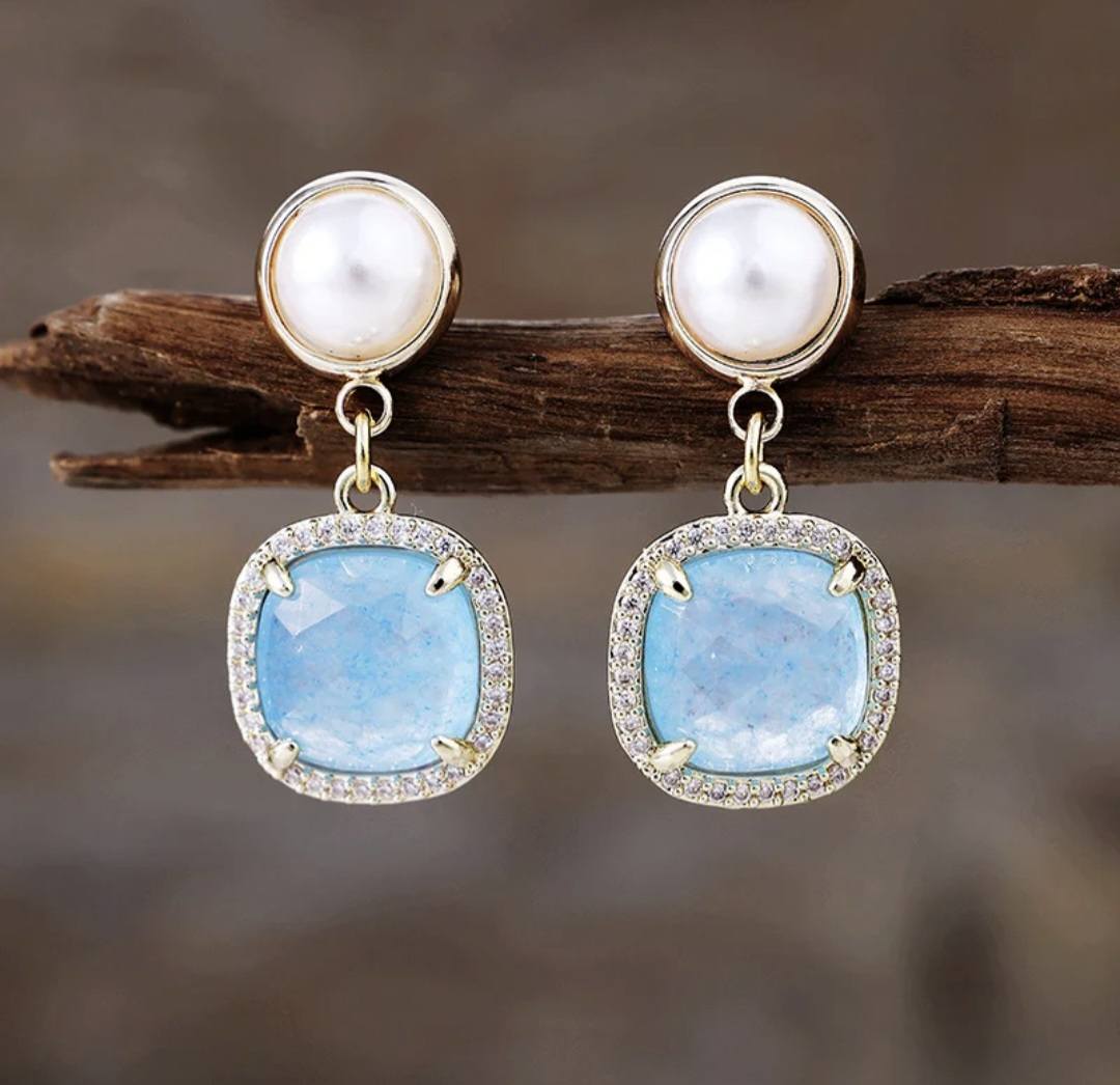 Nye MICCI Classic DESIGN natural Drop Aquamarine Øredobber, 30x20mm 24KGold Electroplated