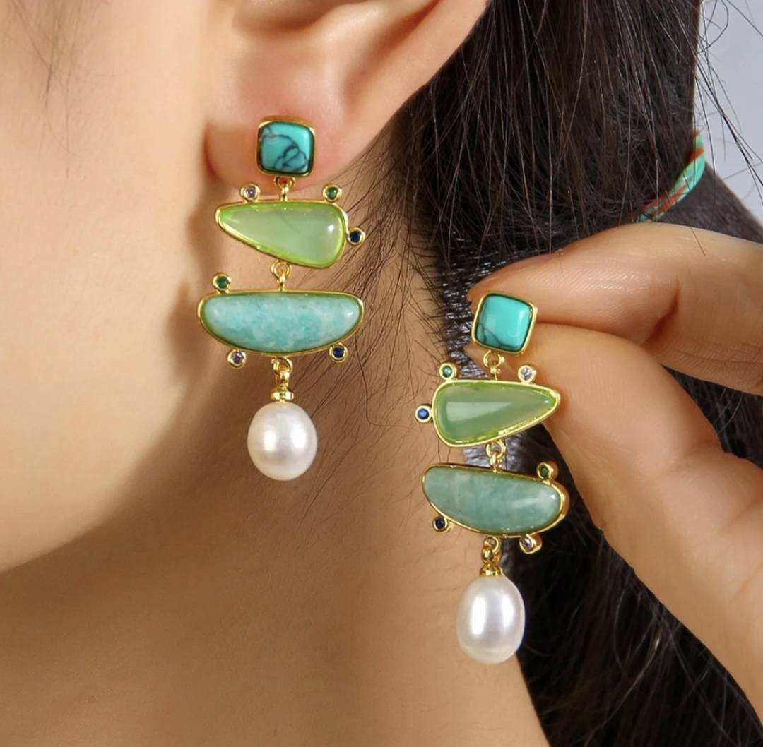 Nye MICCI BOHEMIAN DESIGN natural Long Drop Amazonite, Light Green Quartz, Pearl Øredobber, 45x20mm 24KGold Electroplated