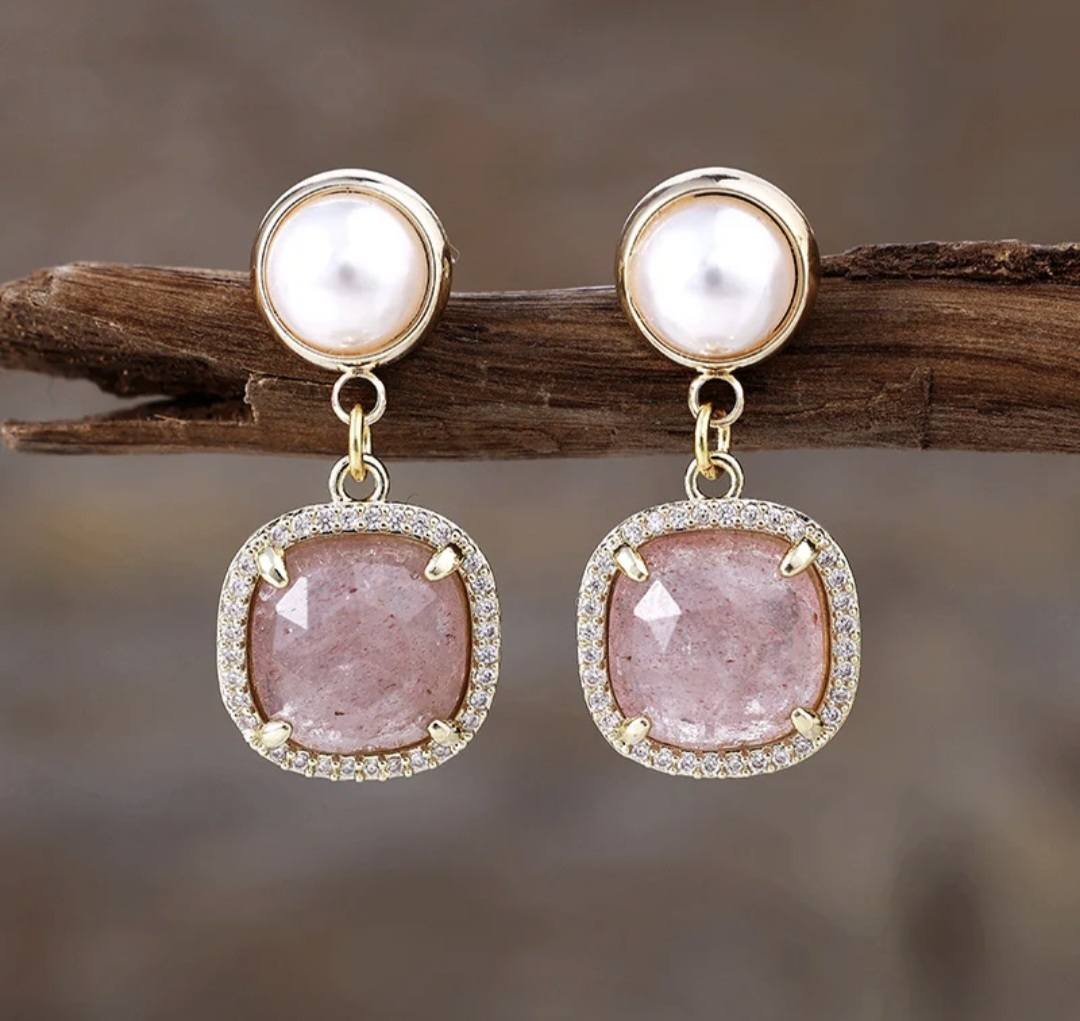 Nye MICCI Classic DESIGN natural Drop Strawberry Quartz Øredobber, 30x20mm 24KGold Electroplated