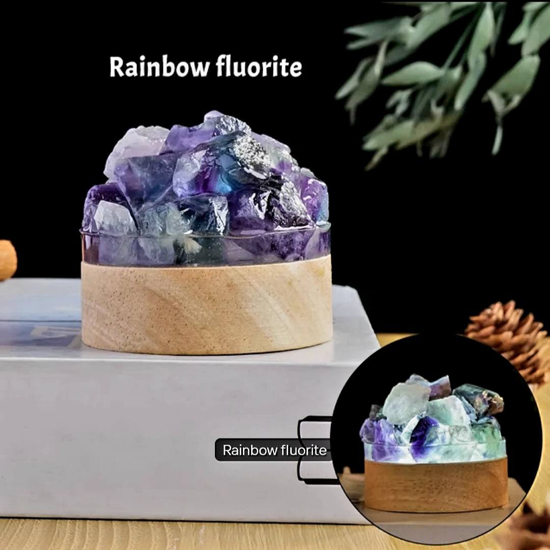 Nye, Led Crystal Nattlamper... Fluorite Rainbow Raw Cluster Quartz, 7x7cm