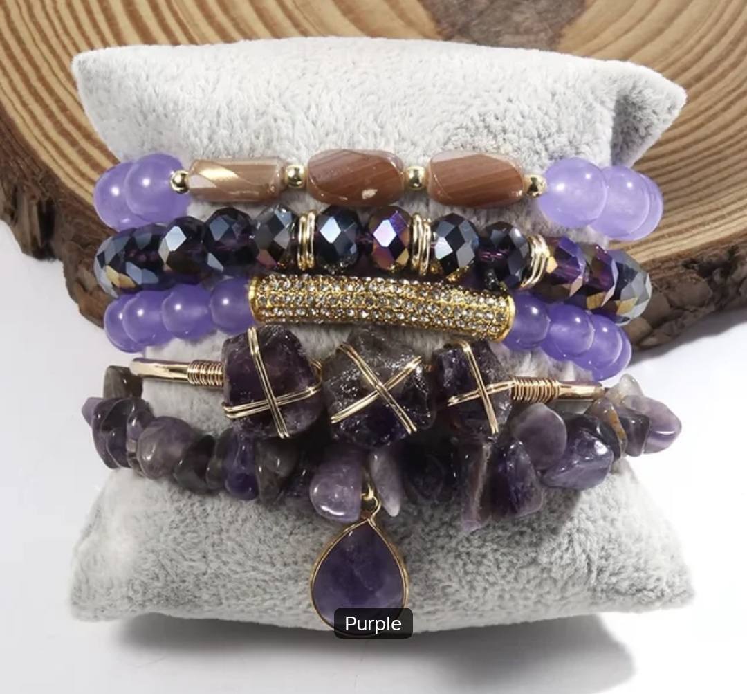 Nye, BoHo Mediterraen 5 rader, fleksible armbånd med druzy Ametyst sten og Decor Design