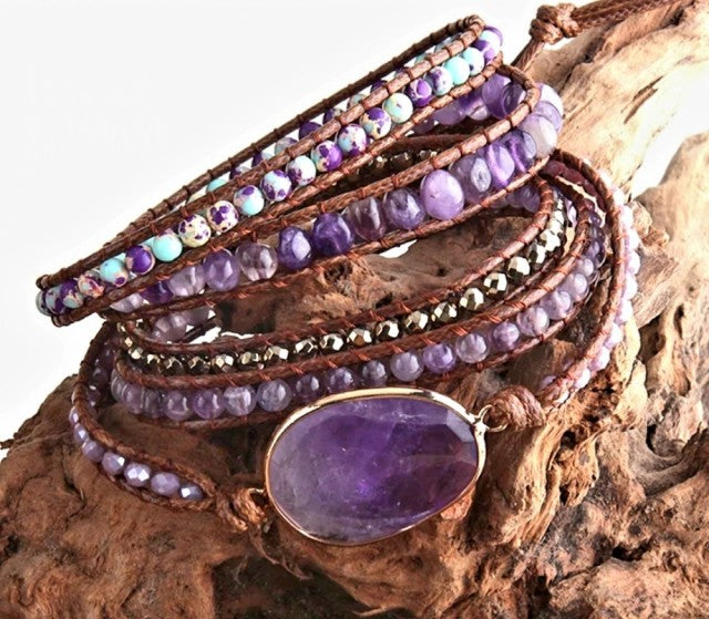 NYHET 2025 ! BOHO WRAP BRACELET 5 rader armbÅnd med Ametyst
