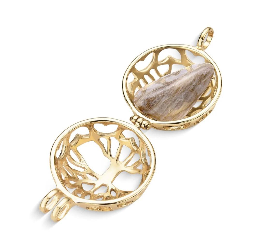 New BrazilGem 18K Goldplated Necklace w/ "Tree of Life" Case and 7 natural stones