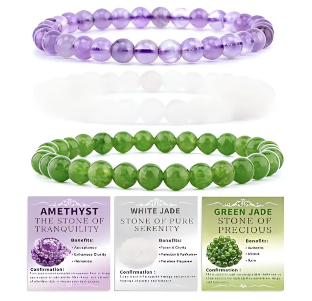 Nye 8mm Steinarmbånd Sett m/ Produkt og Affirmasjonskort, Ametyst, hvit og grønn Jade