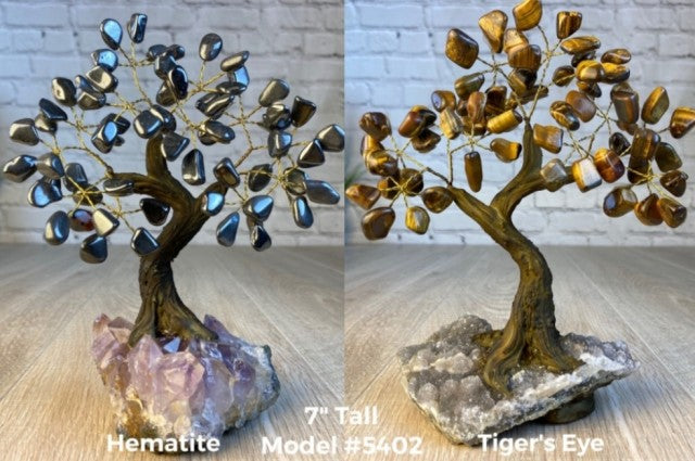 Vakre og eksklusive Feng Shui - Bonsai Lykketrær m/ ekte krystaller og Ametyst Clusterfot, ca. 17cm høy, Hematitt og Tig