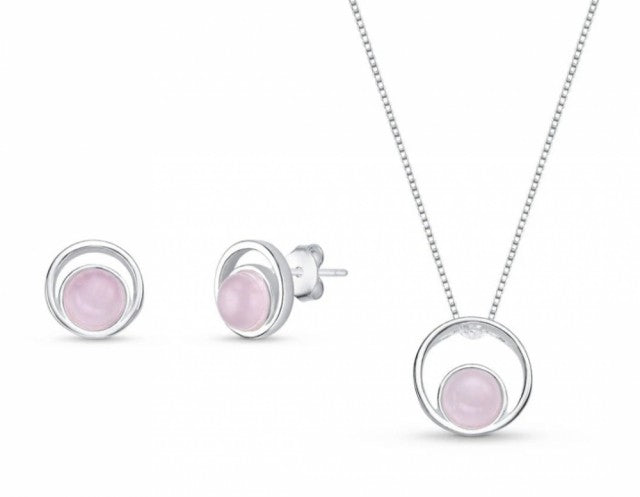 2025 Brazil Gem 925s Sterling Silver Cradled Necklace & Earring Set w/ Natural Rose Quartz Gemstone