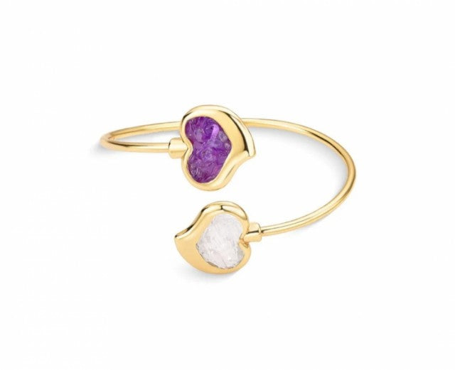 New 2025 Brazil Gem Heart Shaped Cuff Style 18K Gold Plated Bracelet w/ Natural Amethyst + Selenite