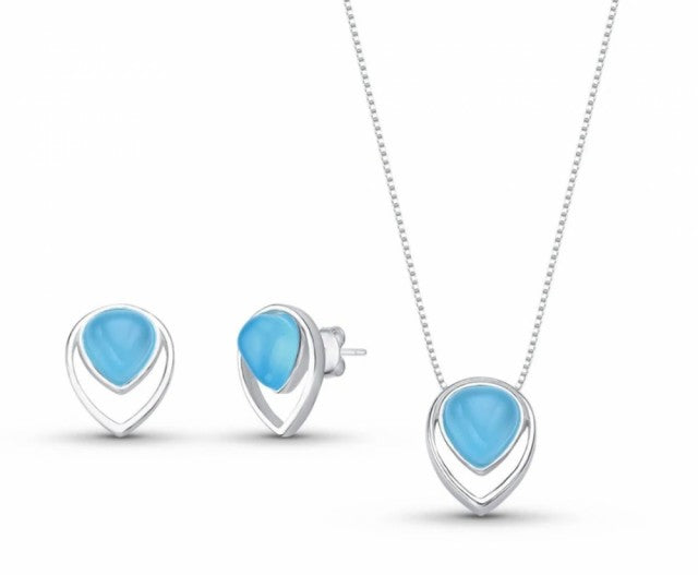 Brazil Gem 2025 - 925s Sterling Silver Inverted Teardrop Necklace & Earring Set w/ Natural Sky Blue Agate Gemstone