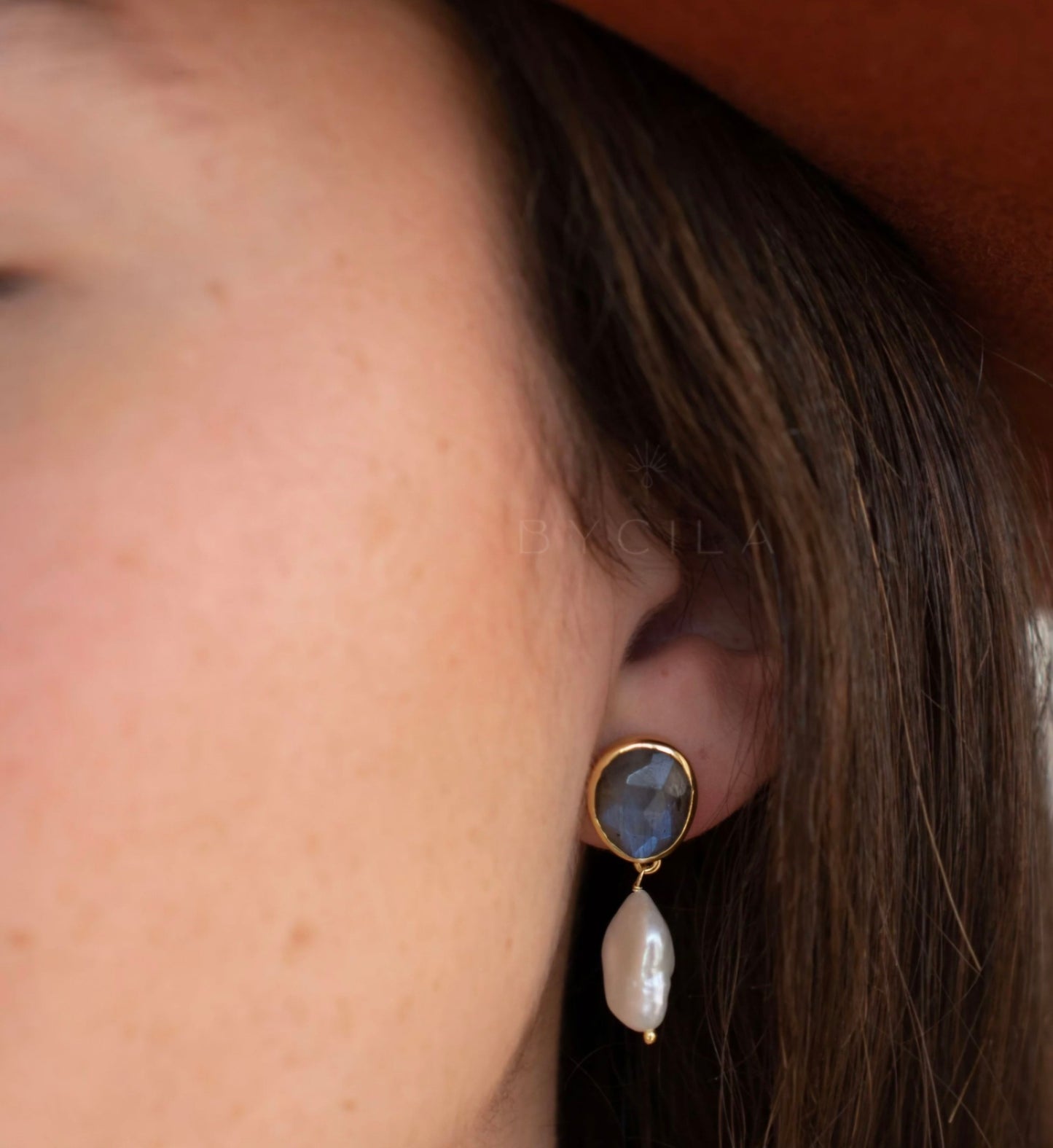 CILA " Danuza " Long Design Labradorite & Pearl Stud Earrings , 18K Goldplated
