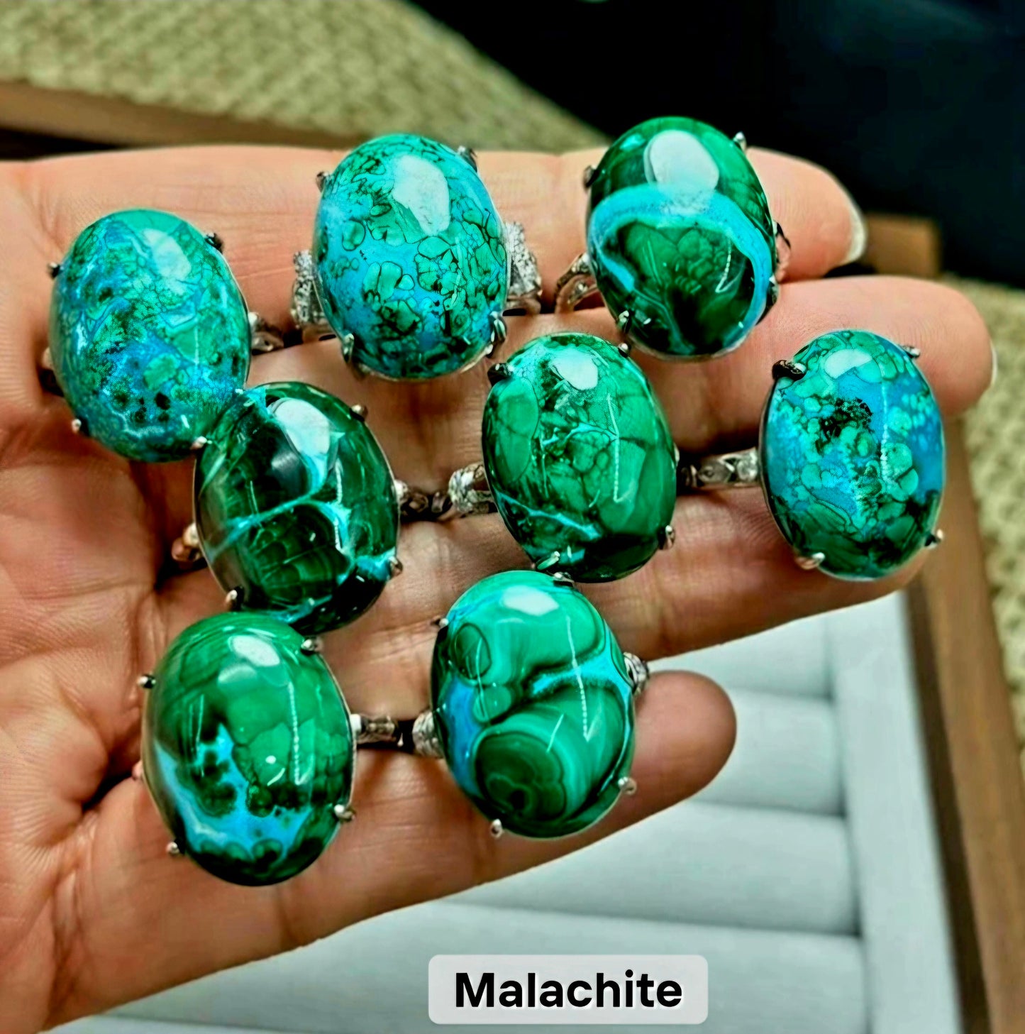 Ny Vintage 925s Silver, natural MALACHITE Designring, Justerbar - 20x15mm stone