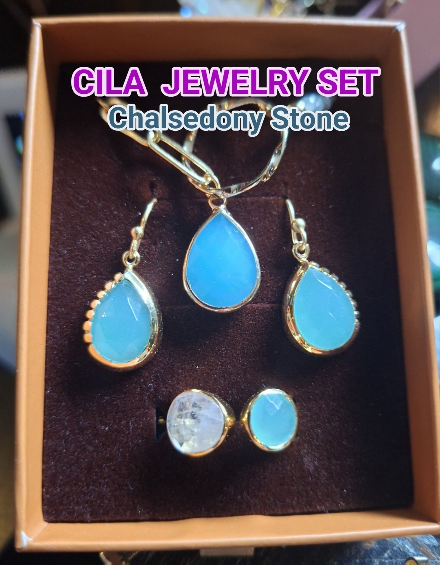 CILA JEWELRY SET ( Ring, Øredobber, Lariat Kjede ), Aqua Chalsedony