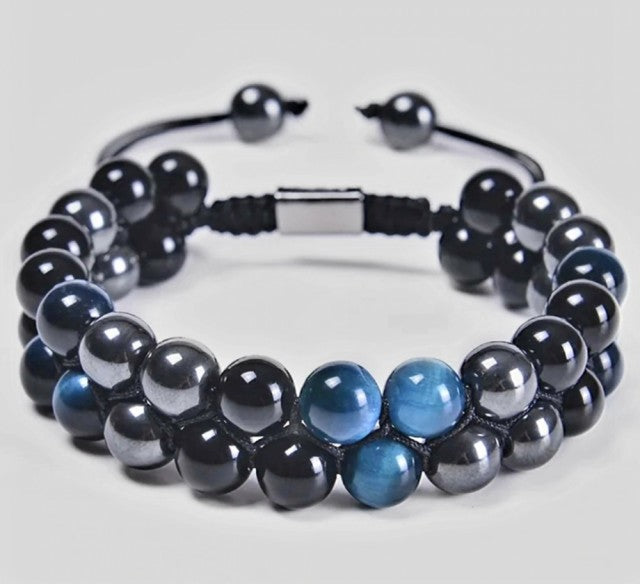 Nye Merkaba 2 rader LysblÅ Tigerøye armbÅnd og hematitt, justerbare, 8mm kuler