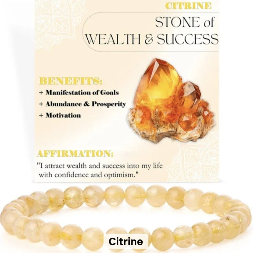 Nye, single - fleksible 8mm Steinarmbånd m/ Produkt og Affirmasjonskort, Citrine