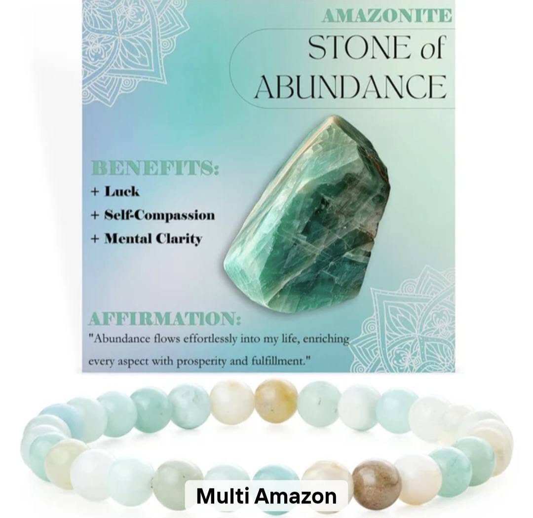 Nye, single - fleksible 8mm Steinarmbånd m/ Produkt og Affirmasjonskort, Amazonite