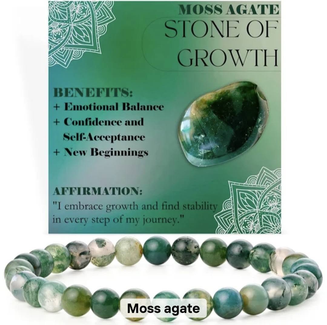 Nye, single - fleksible 8mm Steinarmbånd m/ Produkt og Affirmasjonskort, Moss AGATE