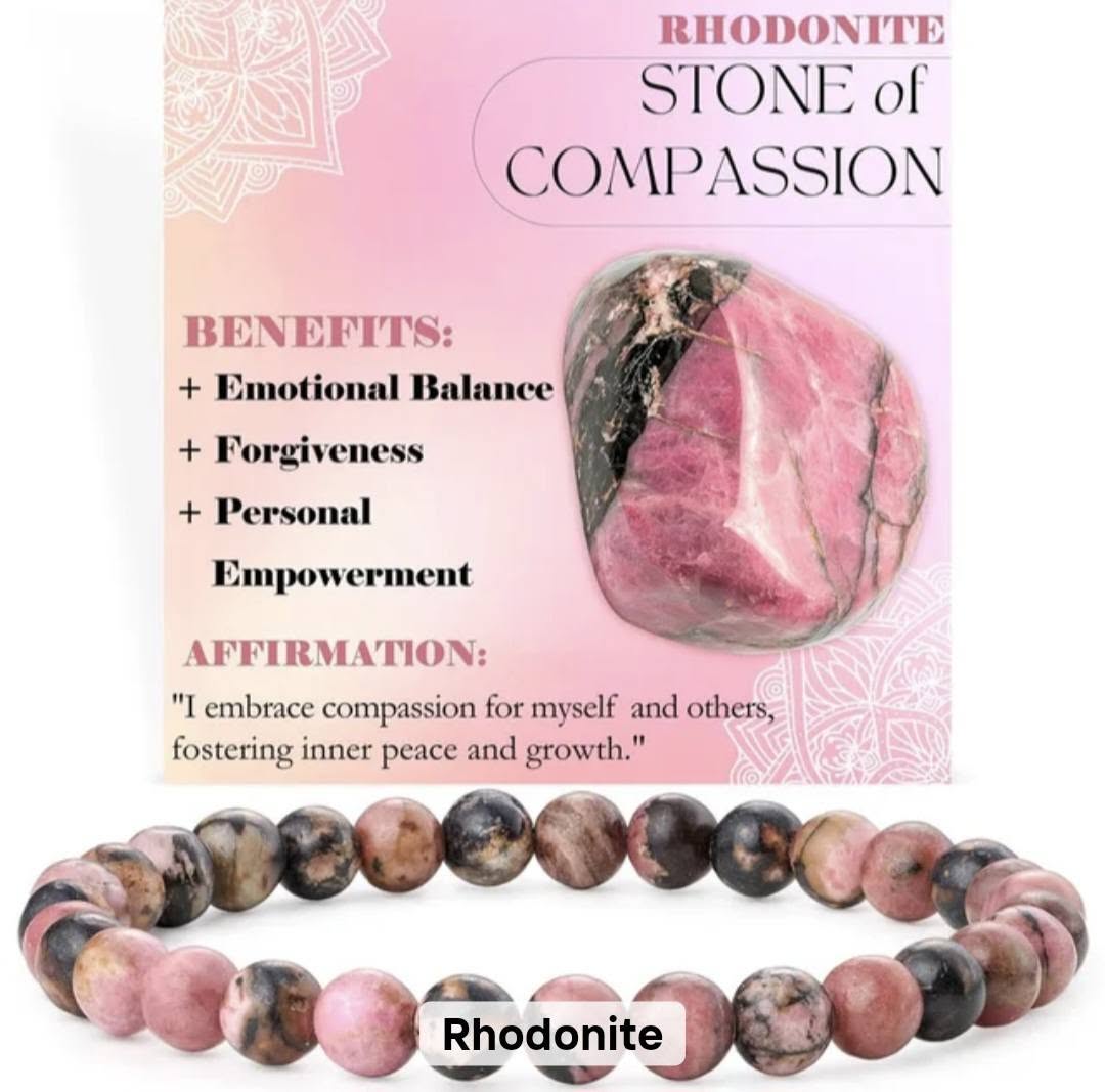 Nye, single - fleksible 8mm Steinarmbånd m/ Produkt og Affirmasjonskort, Rhodonite