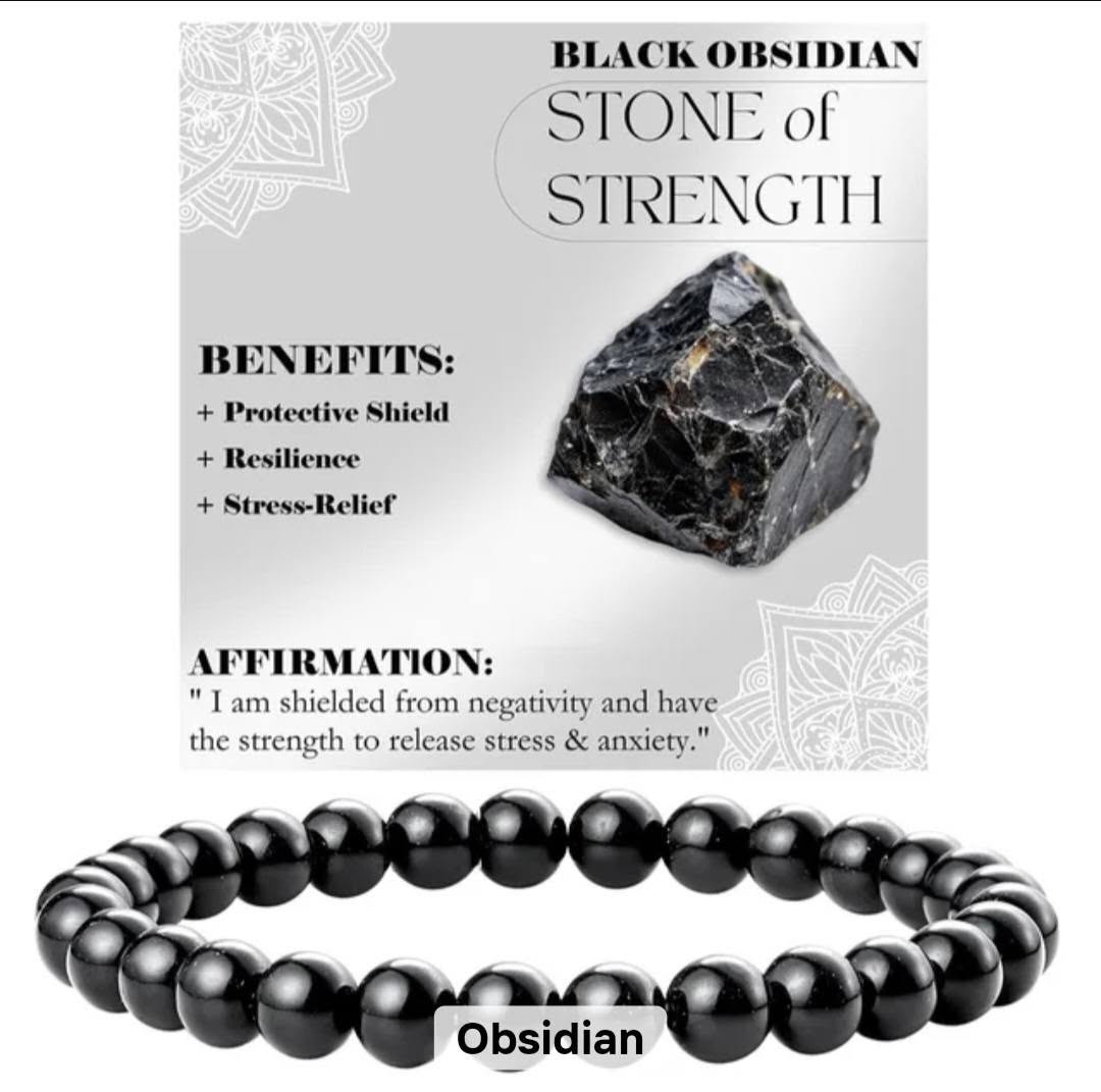Nye, single - fleksible 8mm Steinarmbånd m/ Produkt og Affirmasjonskort, Black Obsidian