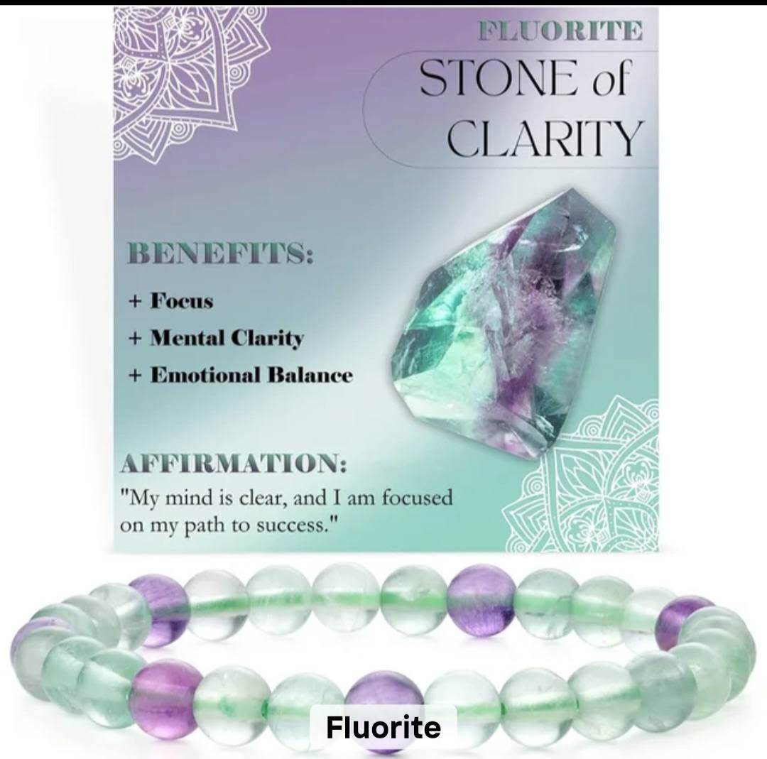 Nye, single - fleksible 8mm Steinarmbånd m/ Produkt og Affirmasjonskort, Rainbow Flourite