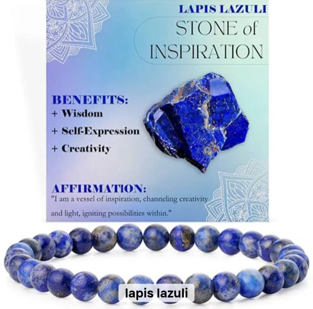 Nye, single - fleksible 8mm Steinarmbånd m/ Produkt og Affirmasjonskort, Lapis Lazuli