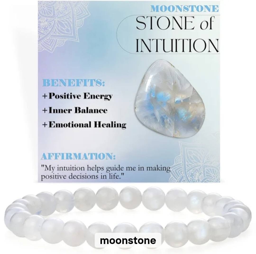 Nye, single - fleksible 8mm Steinarmbånd m/ Produkt og Affirmasjonskort, Moonstone