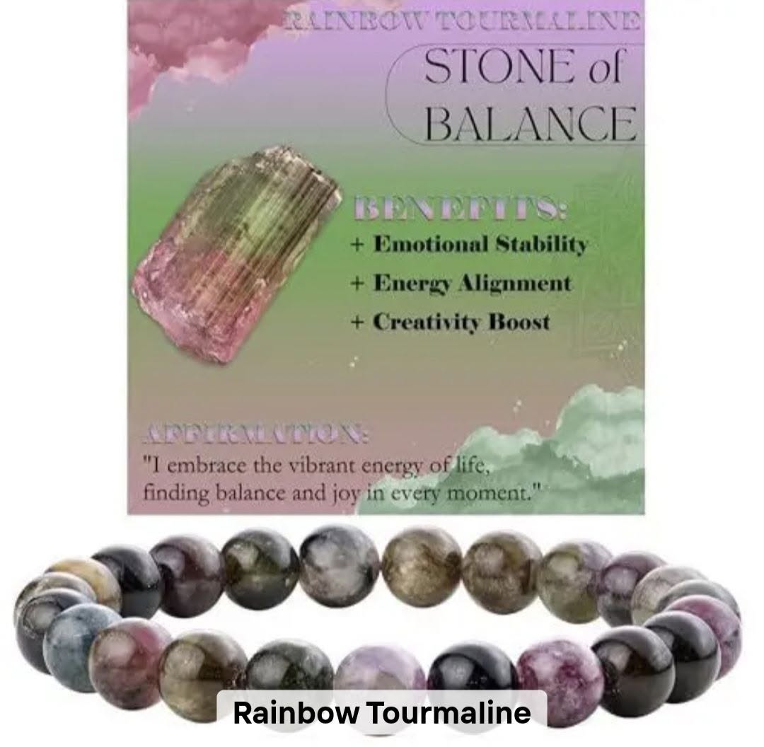 Nye, single - fleksible 8mm Steinarmbånd m/ Produkt og Affirmasjonskort, Rainbow Tourmaline
