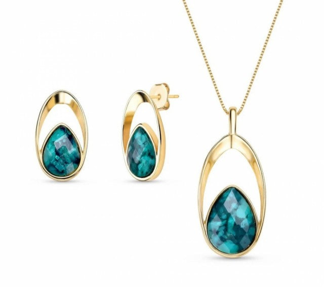 Emerald Teardrop 18K Gold Plated Necklace & Earring Set